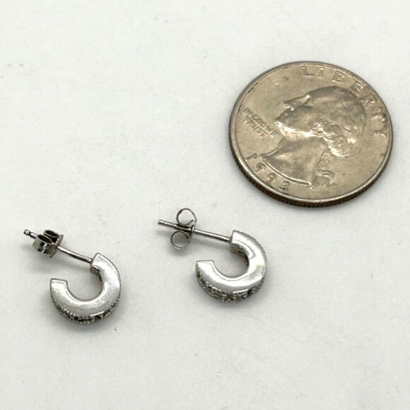 Sterling Silver 925 Petite Hoop Earrings Post With Channel Set Crystals 3/8 inch - Picture 3 of 10